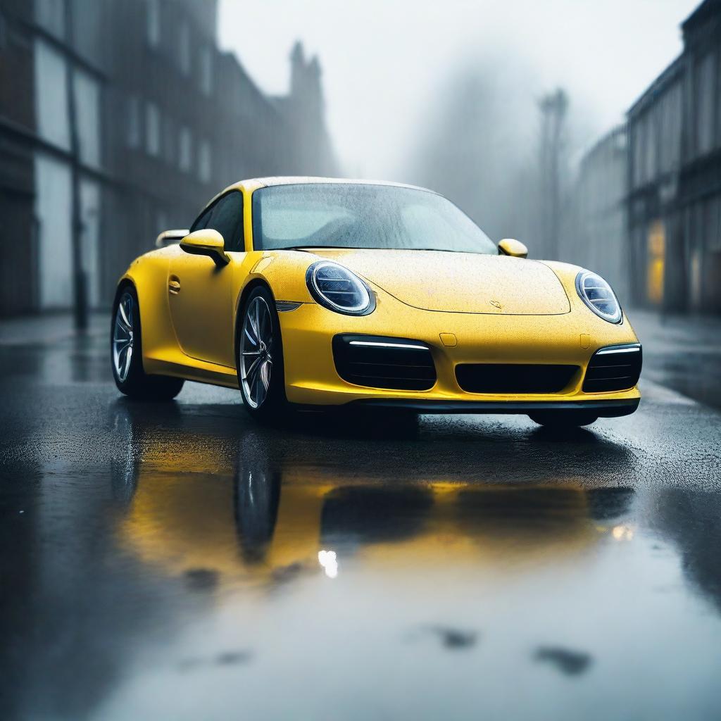 A yellow Porsche 911 driving through the rain on a wet road