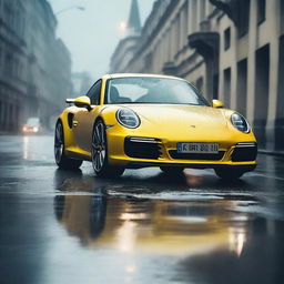 A yellow Porsche 911 driving through the rain on a wet road