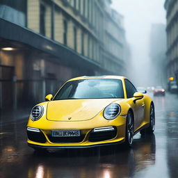 A yellow Porsche 911 driving through the rain on a wet road