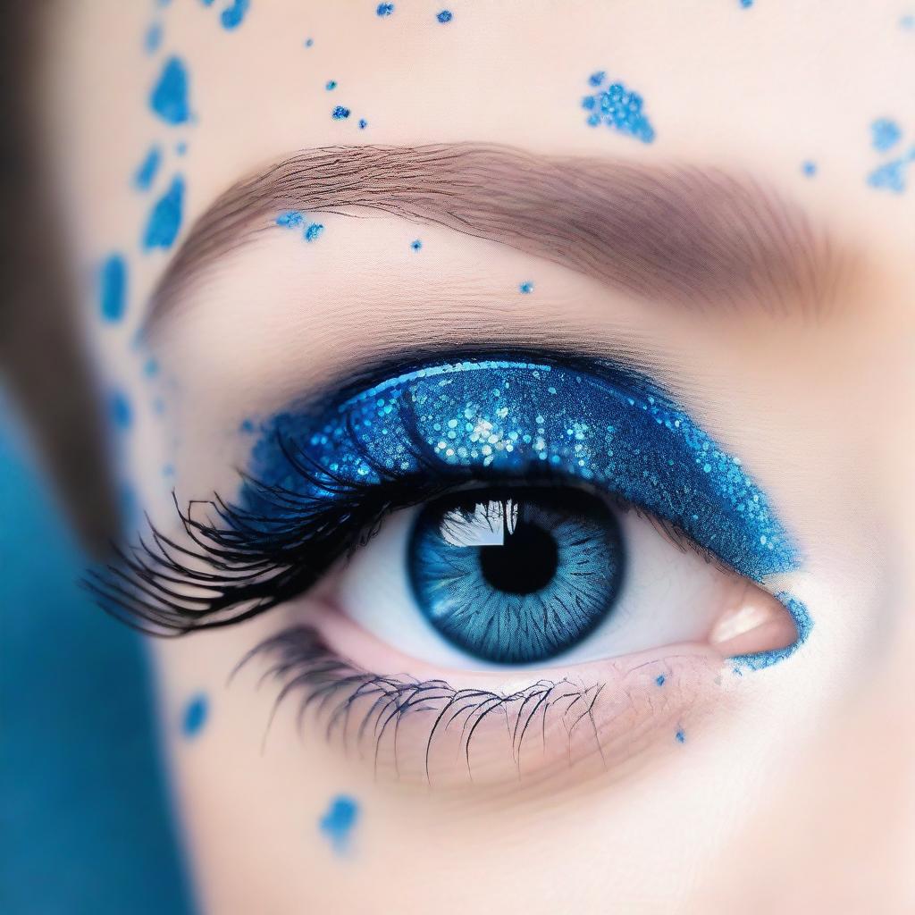 A close-up image of a blue eye, with blue glittery eye shadow applied around the eyelid