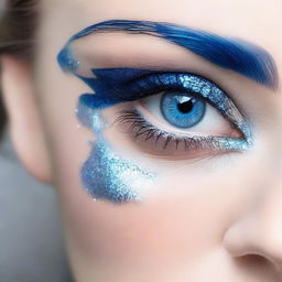 A close-up image of a blue eye, with blue glittery eye shadow applied around the eyelid