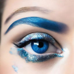 A close-up image of a blue eye, with blue glittery eye shadow applied around the eyelid