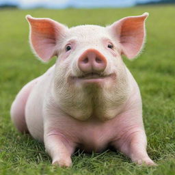 An adorable and plump pig with glossy pink skin and sparkling eyes, casually lounging in a sunny green meadow.