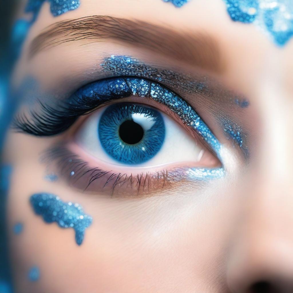 An ultra close-up image of a blue eye, with blue glittery eye shadow covering the surrounding area of the face