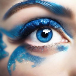 An ultra close-up image of a blue eye, with blue glittery eye shadow covering the surrounding area of the face