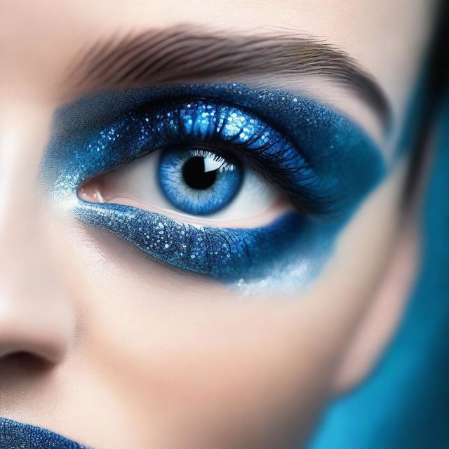 An ultra close-up image of a blue eye, with blue glittery eye shadow covering the surrounding area of the face