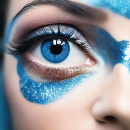 An ultra close-up image of a blue eye, with blue glittery eye shadow covering the surrounding area of the face