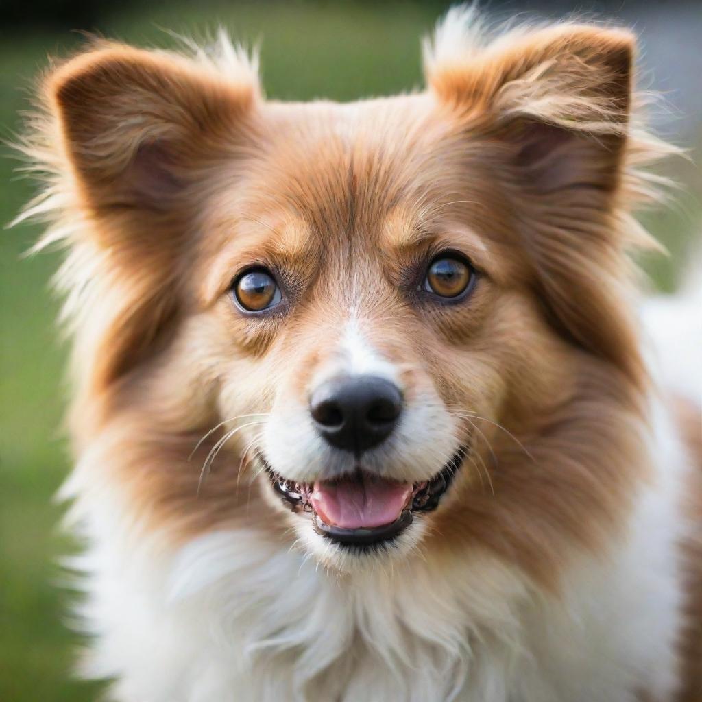 Adorable, fluffy domestic dog with bright, playful eyes and a joyful expression