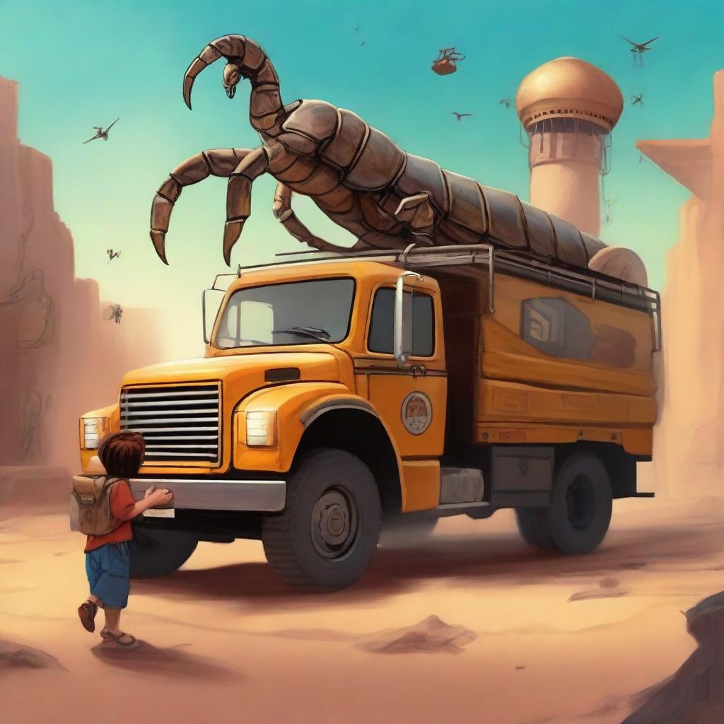 A girl is being rescued by five wonders, including a scorpion, a truck, and a lamp