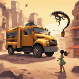 A girl is being rescued by five wonders, including a scorpion, a truck, and a lamp