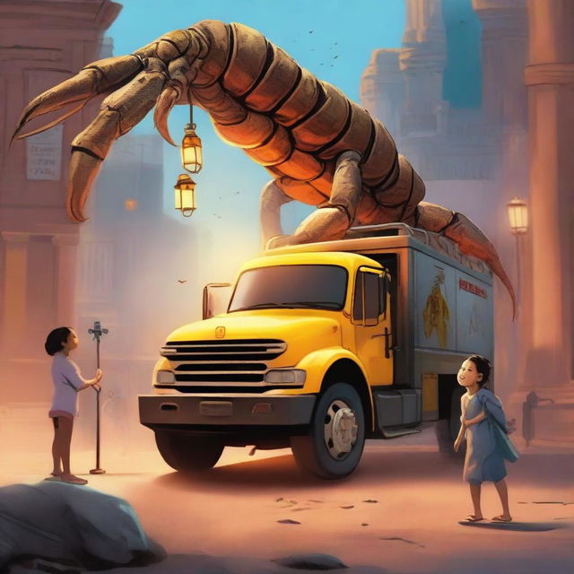 A girl is being rescued by five wonders, including a scorpion, a truck, and a lamp