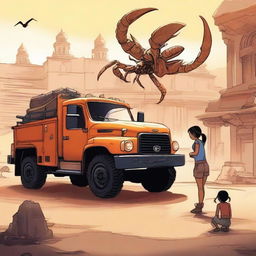 A girl is being rescued by five wonders, including a scorpion, a truck, and a lamp