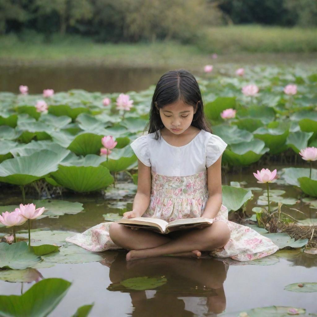 A young girl engrossed in a book, sitting serenely in a lush field near a small pond teeming with lotus flowers and playful ducks.