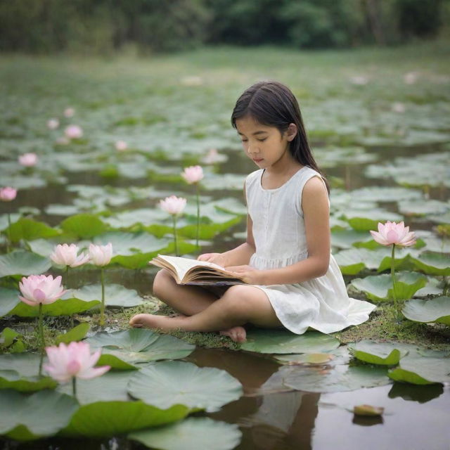 A young girl engrossed in a book, sitting serenely in a lush field near a small pond teeming with lotus flowers and playful ducks.