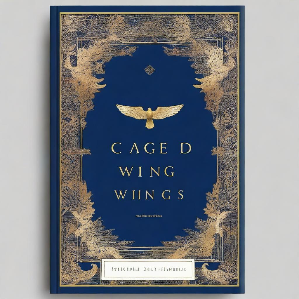 A dark blue cover featuring golden boundaries, with white wings in the center