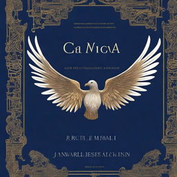 A dark blue cover featuring golden boundaries, with white wings in the center