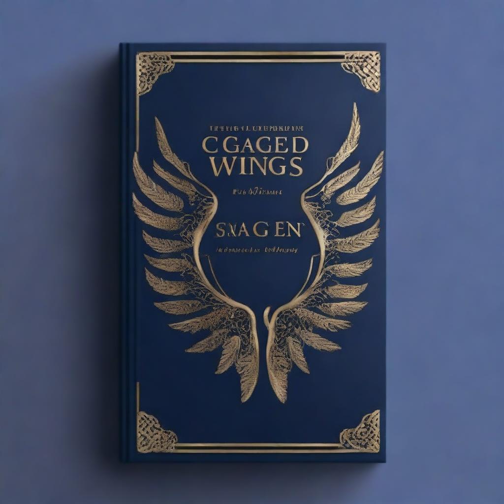 Create an image of a book with a dark blue cover featuring golden boundaries