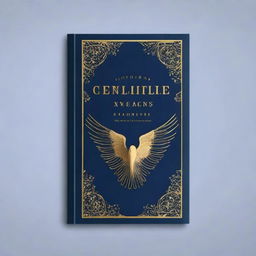 Create an image of a book with a dark blue cover featuring golden boundaries