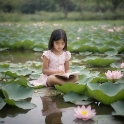 A young girl engrossed in a book, sitting serenely in a lush field near a small pond teeming with lotus flowers and playful ducks.