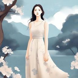 A detailed illustration of a woman standing in a serene environment