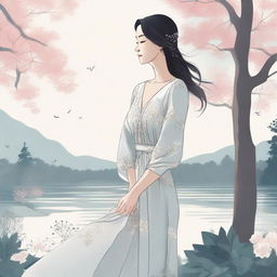 A detailed illustration of a woman standing in a serene environment