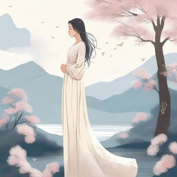 A detailed illustration of a woman standing in a serene environment