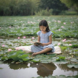 A young girl engrossed in a book, sitting serenely in a lush field near a small pond teeming with lotus flowers and playful ducks.