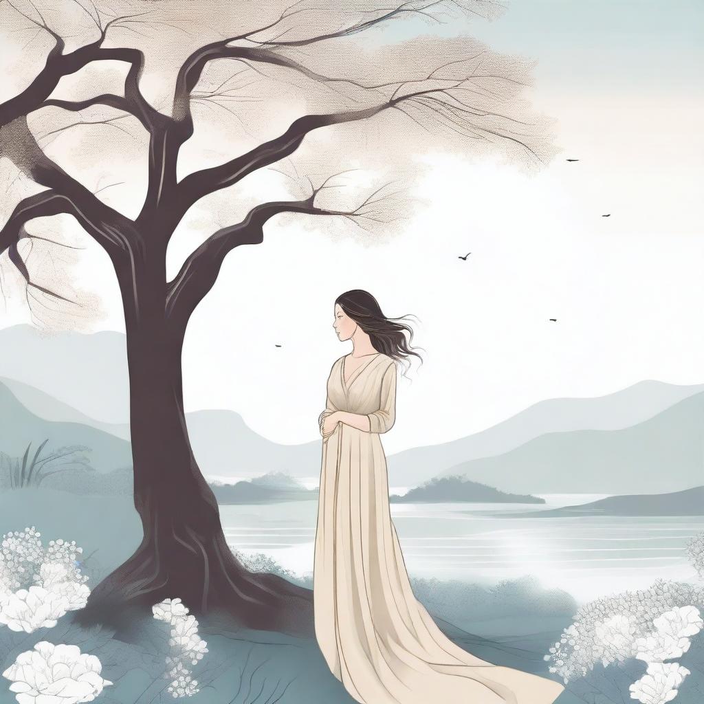 A detailed illustration of a woman standing in a serene environment