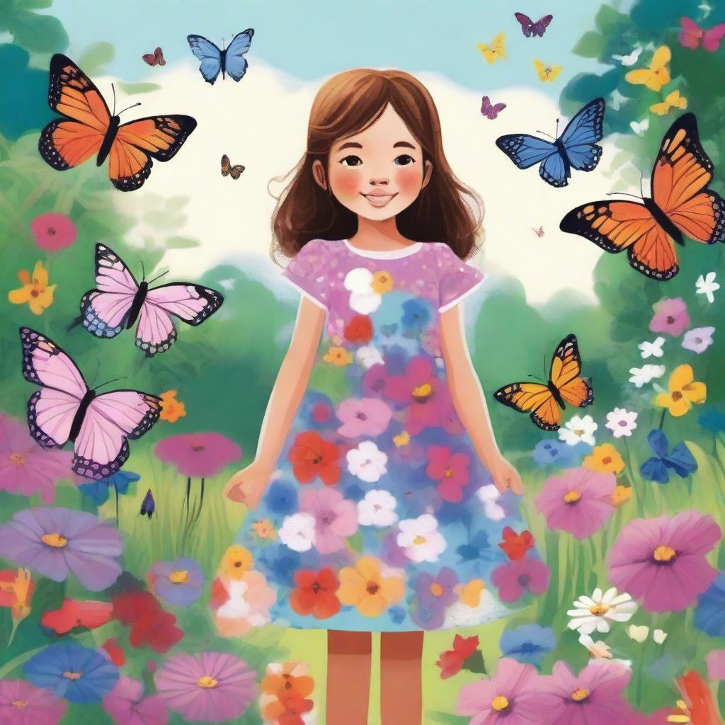 A detailed and vibrant illustration of a young girl standing in a beautiful garden, surrounded by blooming flowers and butterflies