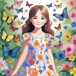 A detailed and vibrant illustration of a young girl standing in a beautiful garden, surrounded by blooming flowers and butterflies