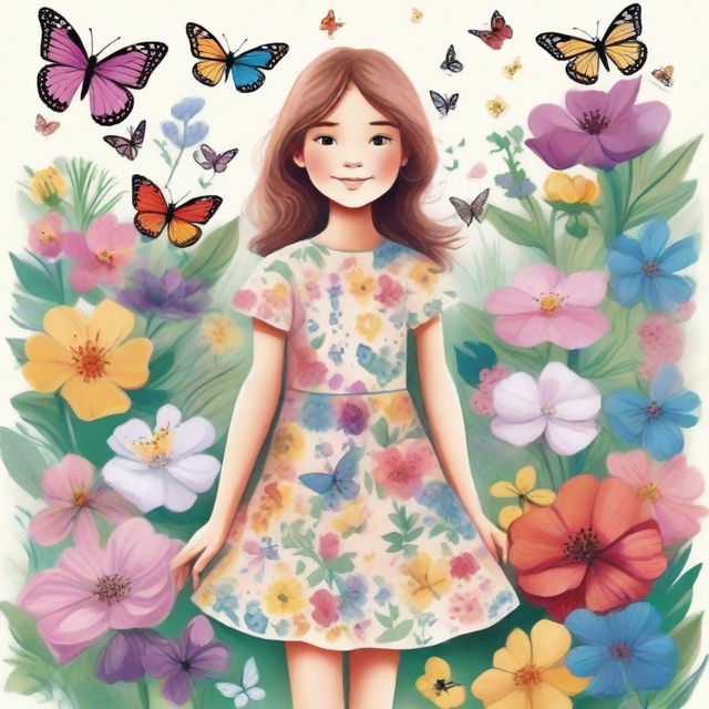 A detailed and vibrant illustration of a young girl standing in a beautiful garden, surrounded by blooming flowers and butterflies