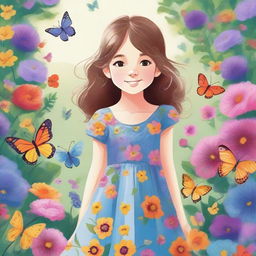 A detailed and vibrant illustration of a young girl standing in a beautiful garden, surrounded by blooming flowers and butterflies