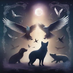 A detailed digital illustration of different animals in a spellcasting pose, set in a mystical atmosphere with a dark and moody color palette