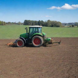 A robust tractor methodically sowing seeds across a sprawling lush green field under a bright blue sky.