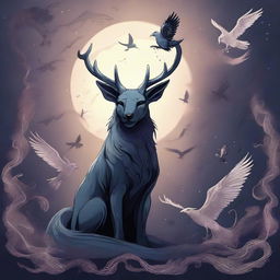 A detailed digital illustration of different animals in a spellcasting pose, set in a mystical atmosphere with a dark and moody color palette