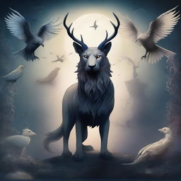 A detailed digital illustration of different animals in a spellcasting pose, set in a mystical atmosphere with a dark and moody color palette