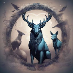 A detailed digital illustration of different animals in a spellcasting pose, set in a mystical atmosphere with a dark and moody color palette