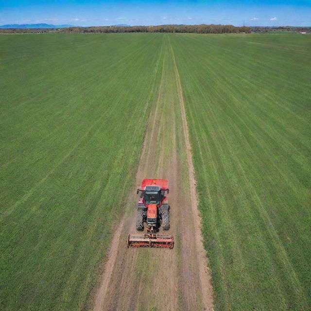 A robust tractor methodically sowing seeds across a sprawling lush green field under a bright blue sky.