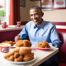 A realistic image of Barack Obama enjoying a meal of KFC fried chicken, sitting at a casual dining table