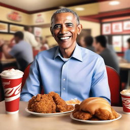 A realistic image of Barack Obama enjoying a meal of KFC fried chicken, sitting at a casual dining table