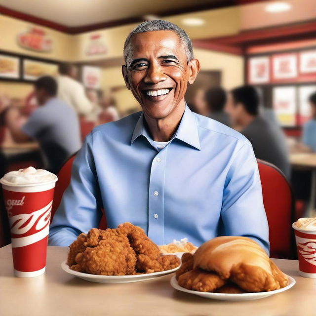 A realistic image of Barack Obama enjoying a meal of KFC fried chicken, sitting at a casual dining table