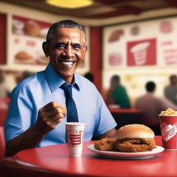 A realistic image of Barack Obama enjoying a meal of KFC fried chicken, sitting at a casual dining table