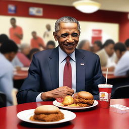 A realistic image of Barack Obama enjoying a meal of KFC fried chicken, sitting at a casual dining table