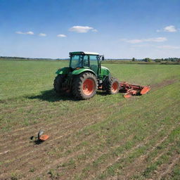 A robust tractor methodically sowing seeds across a sprawling lush green field under a bright blue sky.