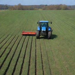 A robust tractor methodically sowing seeds across a sprawling lush green field under a bright blue sky.