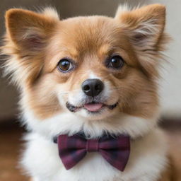 An extraordinarily cute, fluffy domestic dog. Its bright eyes sparkle with joy and it's wearing a plaid bowtie