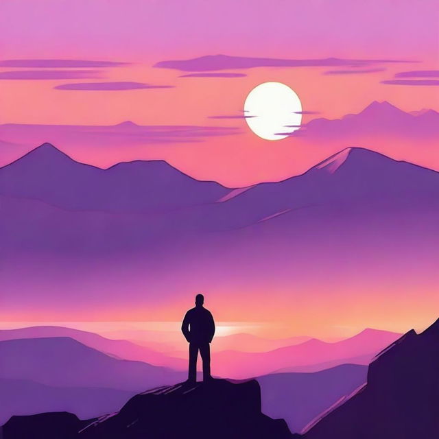 A serene scene showing the back view of a man watching the sunset from the top of a mountain