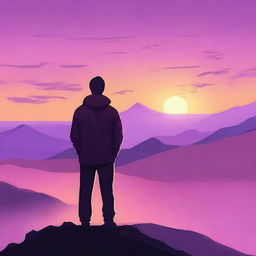 A serene scene showing the back view of a man watching the sunset from the top of a mountain