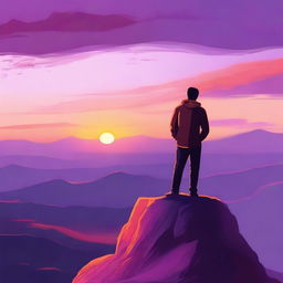 A serene scene showing the back view of a man watching the sunset from the top of a mountain