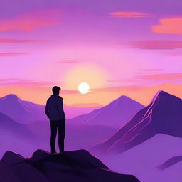 A serene scene showing the back view of a man watching the sunset from the top of a mountain